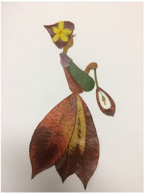 树叶贴画-穿裙子手拿花扇的小姑娘制作方法