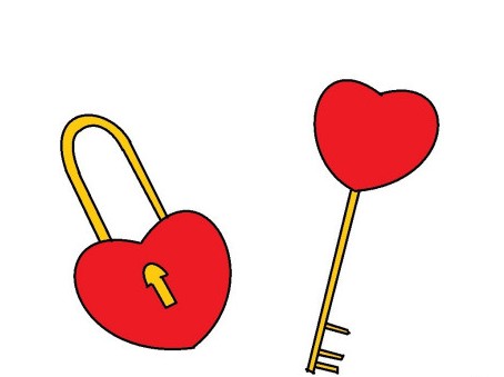 漂亮的心形锁+钥匙怎么画