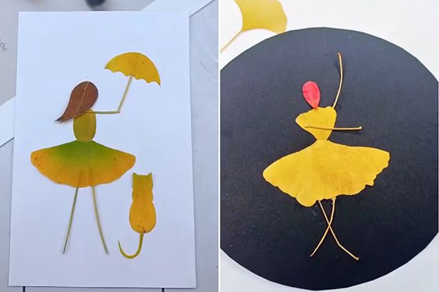 亲子手工树叶贴画：怎么用树叶拼贴画雨中散步的小女孩(步骤图解)