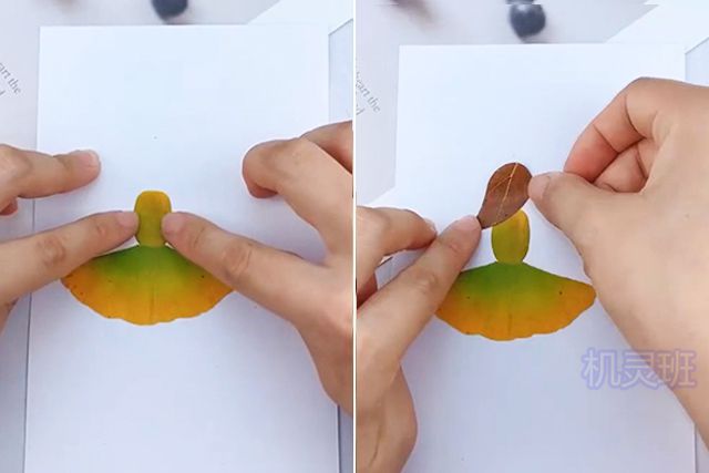 亲子手工树叶贴画：怎么用树叶拼贴画雨中散步的小女孩(步骤图解)２