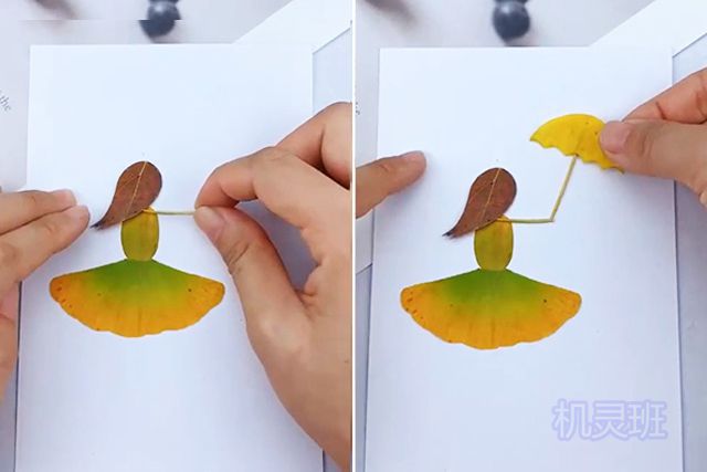 亲子手工树叶贴画：怎么用树叶拼贴画雨中散步的小女孩(步骤图解)３
