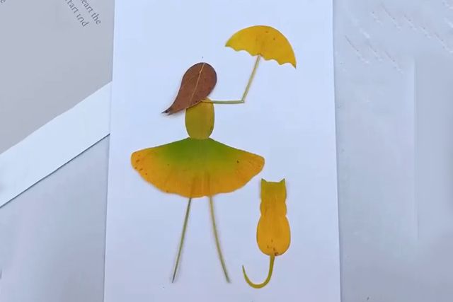 亲子手工树叶贴画：怎么用树叶拼贴画雨中散步的小女孩(步骤图解)５