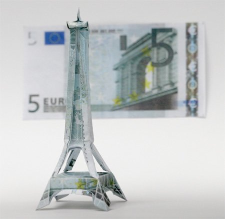 各国钱币折纸欣赏 欧元和美元创意折纸作品