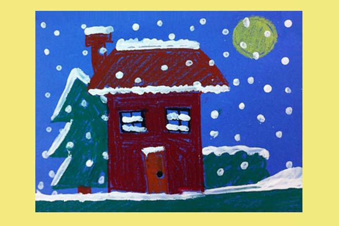 幼儿画冬季：油画棒和棉签点画雪中房子(步骤图解)4