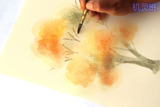 怎么教没有绘画基础的孩子用水彩简单画秋天的树(步骤图解)7