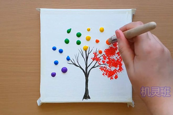 儿童画秋天：怎么用丙烯颜料点画彩虹树(步骤图解)４