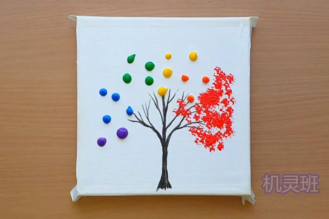 儿童画秋天：怎么用丙烯颜料点画彩虹树(步骤图解)５