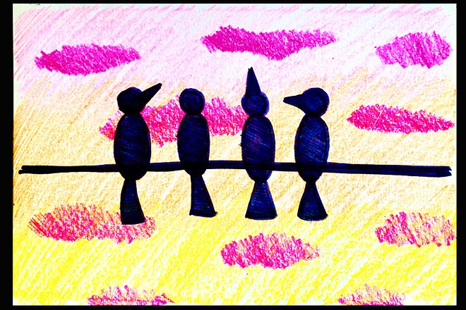 儿童简单画风景：傍晚站在电线杆上的一群小鸟(步骤图解)10