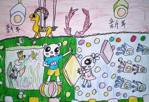 儿童画动物也过春节了