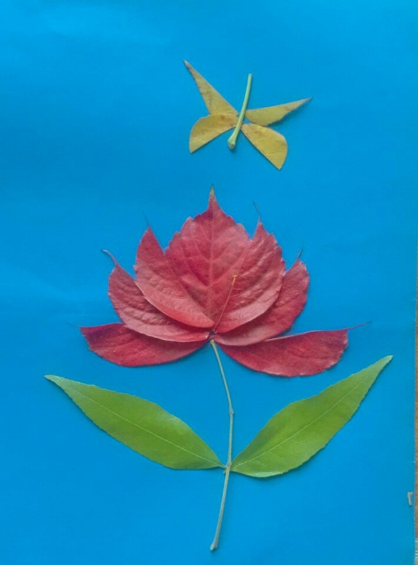 儿童叶子手工制作，简单的树叶拼贴画之美丽的一枝花手工制作方法