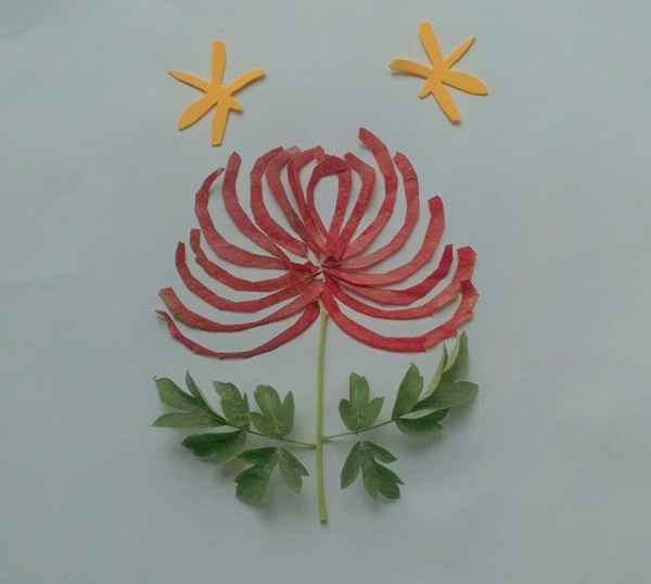 儿童叶子手工制作 漂亮的树叶拼贴画系列之漂亮的红菊花手工制作方法