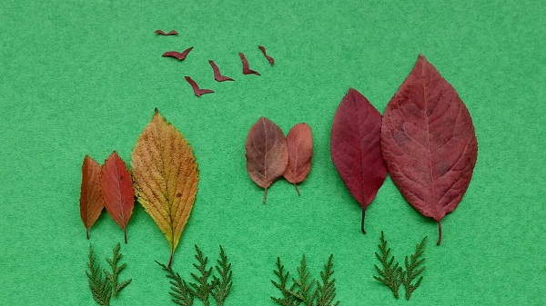 儿童叶子手工制作漂亮的树叶拼贴画，利用秋天的落叶创意制作一幅美丽的风景画
